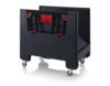 Preview: The image shows a sturdy, black rolling cart with red elements. It has an open front and is mounted on casters, which makes it easier to move.