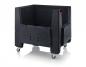 Preview: The image shows a black, square plastic container with open sides and four wheels. It is sturdy, has corners, and a low wall height, ideal for transporting items.