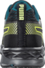 Preview: The image displays the rear view of a black sports shoe with yellow and green accents. The upper part features a textured design and the shoe has a grippy, treaded sole.