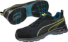 Preview: The image shows a pair of black sports shoes with blue accents. They have a modern design, are lightweight, and feature a textured rubber sole for good grip.