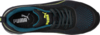 Preview: The shoe is a sporty sneaker in black with blue and yellow accents. It features a breathable mesh upper and flat laces. The logo is prominently visible.