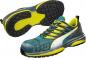 Preview: The image displays a pair of responsible, athletic shoes in blue and yellow. They feature a gray sole and are equipped with laces. The surface is partially textured.