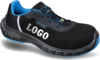 Preview: The image shows a black safety shoe with blue accents. It has a sturdy sole and provides protection and stability. The shoe features lacing and a prominent logo.