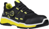 Preview: The shoe is black with yellow accents. It has a sporty shape, flat sole, and a quick-release system with laces. The upper part is lightly padded and stable.