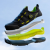 Preview: The image shows a modern, black sports shoe with green accents. The shoe is disassembled into individual parts: the sole is multi-layered, with a gray, a yellow, and a black layer.