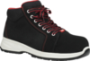 Preview: The shoe is a black half-shoe with red lining and laces. It has a sturdy sole and a slightly elevated shape, ideal for work or outdoor activities.