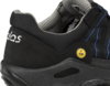 Preview: The image shows a black work shoe with blue accents. The shoe features a reinforced heel cap and a profiled sole that provides slip-resistant properties. An ESD symbol is visible.