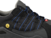 Preview: The image shows a black work shoe with blue shoelaces and a gray upper. The sole is robust, and there is a yellow ESD symbol on the side.