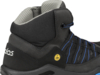 Preview: The image shows a black, ankle-high trail shoe. It has a textured surface, blue shoelaces, and a gray, padded upper edge. A yellow logo is visible on the heel area.