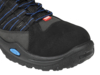 Preview: The image shows the tip of a black hiking boot with blue laces. The shoe features a sturdy rubber sole and a combined upper made of suede and textile material.