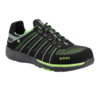 Preview: The shoe is black with green accents and white stripes. It has a flexible rubber sole, laces, and a sporty, breathable upper. Ideal for active use.