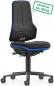 Preview: The chair has a high, ergonomic backrest and a wide seat. It is black with blue accents and has casters. It can support up to 180 kg.