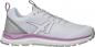 Preview: The shoe is a sporty sneaker in light gray with purple accents. It has a breathable upper and a padded, flexible sole. The laces secure the fit.