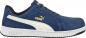 Preview: The shoe is a sporty sneaker in dark blue with white and gold details. It has a flat sole, classic lacing, and the Puma logo on the side.