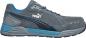 Preview: The shoe is a gray athletic shoe with blue accents. It has a smooth, durable surface and a wide, cushioned sole for comfort. The logo is white and clearly visible.