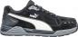 Preview: The shoe is a sporty sneaker in black with gray and white accents. It has a breathable suede surface and a thick, grippy sole. Trademark: the Puma logo.