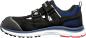 Preview: The image shows a sporty shoe in black with blue and white accents. It has a reinforced toe area and two adjustable straps for secure fit.