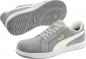 Preview: The image shows gray sneakers made of soft material with a white side panel and gold details. They have a flat, textured sole and multiple shoelaces.