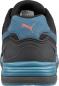 Preview: The image displays the back of a sports shoe. The shoe is predominantly black with blue accents. A small, pink Puma logo is visible. The sole features a tiered, thick structure.