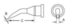 Preview: The image displays technical drawings of an object, with side and top views. There are dimensions for B, C, and A, representing various distances and shapes.