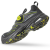 Preview: The image shows a lightweight, black sports shoe with bright yellow accents. The sole has a coarse tread for good grip. At the top, there is a quick-lace system with a round dial.