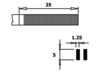 Preview: The image displays technical drawings. At the top, there is an elongated, grooved object measuring 25 mm in length. Below, dimensions of 5 mm and 1.25 mm are shown, along with two small black rectangles.