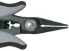 Preview: The image displays a pair of pliers with narrow, pointed blades. The handle is gray with black accents. In the center, there is a metal axis for the rotating movement.