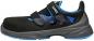 Preview: The shoe is mid-top, black with blue accents. It has two Velcro straps and a perforated surface for breathability. The sole is sturdy and slip-resistant.