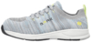 Preview: The shoe is a gray athletic shoe with a textured surface. It has a light sole, plain laces, and yellow accents on the heel and side. It appears light and modern.