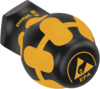 Preview: The image shows a round, black-and-yellow button. The surface is predominantly black with yellow symbols, including a recycling symbol and an EPA logo. The button has a flat top.