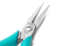 Preview: The image displays a fine pair of pliers with sharp, polished stainless steel jaws. The handle is in a light turquoise. Manufacturer information is embossed on the pliers.