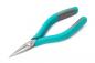 Preview: The image shows a pair of pliers with long, pointed metallic jaws and ergonomic, turquoise rubber handles. The pliers are suitable for precise tasks.