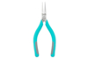 Preview: The image shows a pair of pliers with long, narrow tips. The handles are turquoise with gray rubber elements for better grip. The material is metallic and shiny.