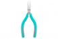 Preview: The image shows a pair of pliers with long, pointed jaws made of shiny metal. The handles are turquoise with gray rubber inserts for better grip. It is handy and lightweight.