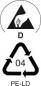 Preview: The image displays two symbols: Above, a hand sign within a triangle featuring the letter "D". Below, a recycling symbol with the number "04" and "PE-LD" (Low-Density Polyethylene).