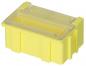 Preview: The image displays a small, yellow plastic box with a transparent lid. The box has a rectangular footprint and side reinforcements for stability.