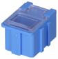 Preview: The image shows a small, rectangular container in bright blue with a transparent flap on top. The container has rounded corners and lateral grooves.