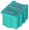 Preview: In the picture is a small, square block in bright turquoise. It has a transparent top and side elevations that provide stability.