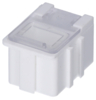 Preview: The image displays a small, cube-shaped plastic container in white with a clear lid. It has straight edges and is slightly transparent, with a small opening on top.