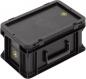 Preview: The image shows a rectangular, black plastic box with a flat lid. It has a handle on one side for carrying and is designed to be sturdy. A yellow logo is visible.