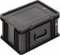 Preview: The image shows a rectangular, black plastic container with a sturdy lid. There is a handle on the side for carrying. It appears robust and is suitable for storage.