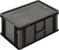 Preview: The image shows a black, rectangular plastic box with a flat lid and a handle opening on the front. The box has a sturdy structure and is intended for storage.