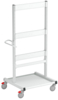 Preview: The image shows a white trolley with four wheels. It has a flat storage area at the bottom and several vertical bars with crossbeams for hanging items.