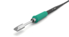 Preview: The image displays a soldering iron with a metallic tip. The handle is green and rubberized, while the cable is black. The tip is flat and slightly recessed.