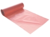 Preview: The image shows a roll of pink, shiny plastic material. Part of the material lies flat on a surface, while the rest is rolled up.