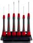 Preview: The image shows a set of six screwdrivers in a holder. The handles are gray with red accents. The screwdrivers have narrow, long tips pointing in different directions.