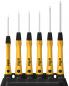 Preview: The image displays a set of six screwdrivers in various sizes. The handles are black with yellow elements and the logo "wiha" is visible on the handles. They are standing upright in a black holder.