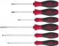 Preview: The image shows six screwdrivers in a row. They have black handles with red elements. The blades are made of metal and come in various sizes and shapes, including Phillips and flathead screwdrivers.