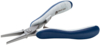 Preview: The image shows a pair of pliers with two long, narrow jaws made of silver-colored metal. The handles are ergonomically shaped, with a white and blue rubber surface for better grip.