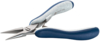 Preview: The image shows a narrow pair of pliers with sharp, metallic blades. The handles are ergonomically designed, with blue and white rubber coatings for better grip.